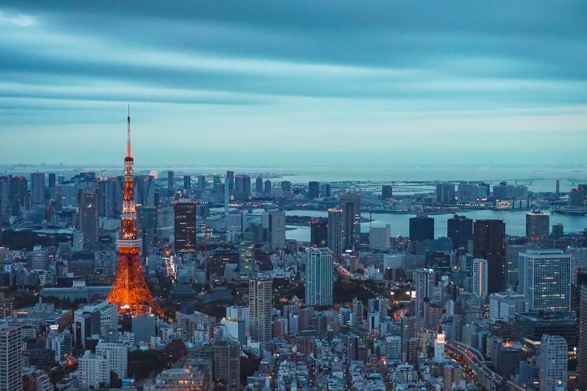 Tokyo et sa tour illuminée à la tombée du jour
